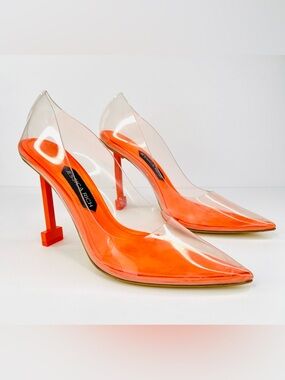 JESSICA RICH Fancy Stiletto PVC Clear Neon Orange Satin Heel Pumps Size EU 40